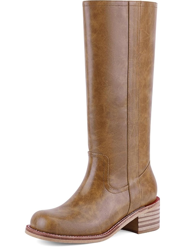 Women All Brown Low Heel Square Toe Solid Chunky Block Heel Long Knee High Boot